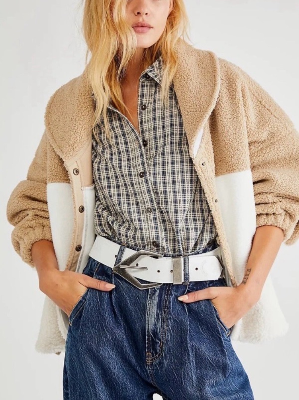 Free People Two-Tone Teddy Sherpa Jacket in Beige and White